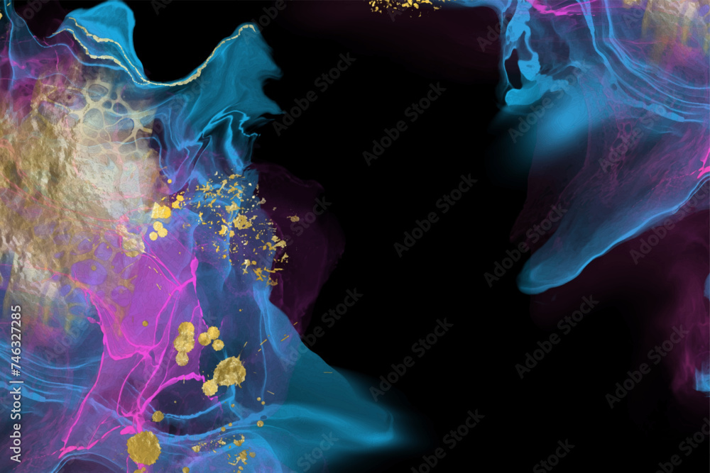 Obraz premium Luxury blue, black, gold background marble liquid ink art. Vector illustration.