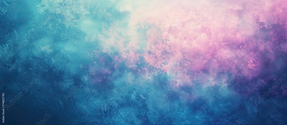 The background features a blend of blue, pink, and purple colors, with water droplets scattered throughout. The droplets create a shiny and reflective surface, adding texture to the dreamy and - obrazy, fototapety, plakaty 