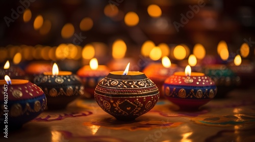 Diwali celebration, festive diwali clay lamps.