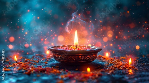 Diwali celebration, festive diwali clay lamps.