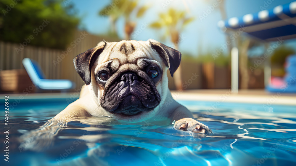 Funny pug dog bathing in a pond