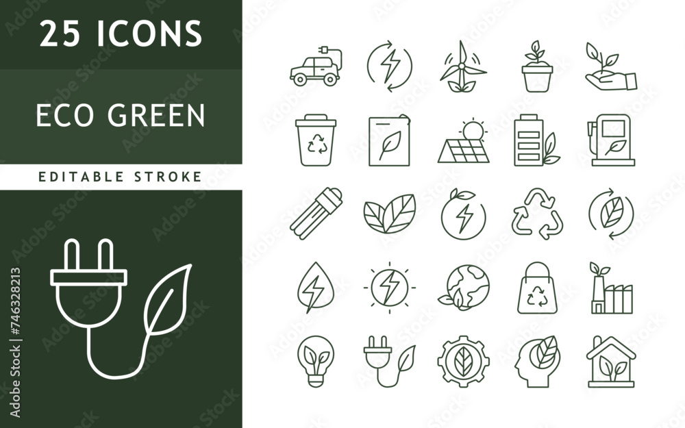 eco green icons collection. ecology, environment, energy, renewable icons set. vector illustration. editable stroke eco green icons collection. ecology, environment, energy, renewable icons set. vector illustration. editable stroke