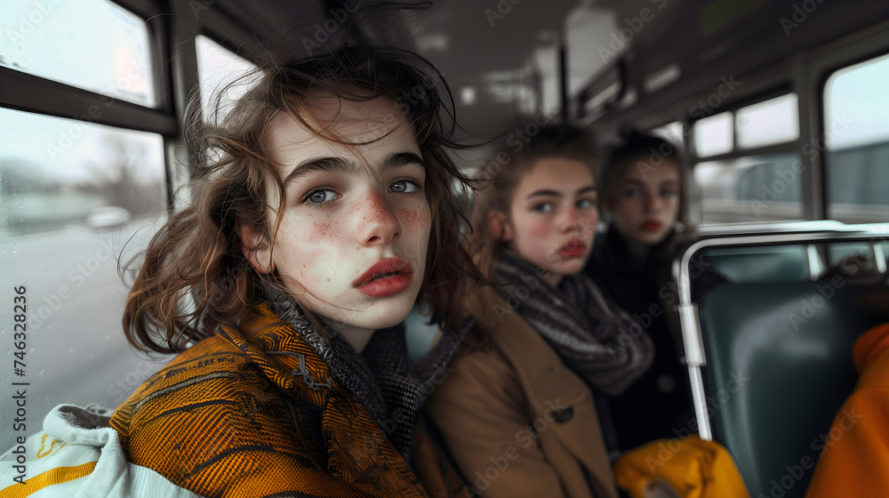 Three contemplative girls riding a bus, peering outside as the city passes by Three contemplative girls riding a bus, peering outside as the city passes by