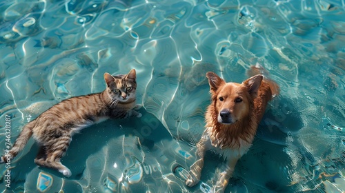 Playful Cats and Dogs Swimming in Clear Blue Waters photo