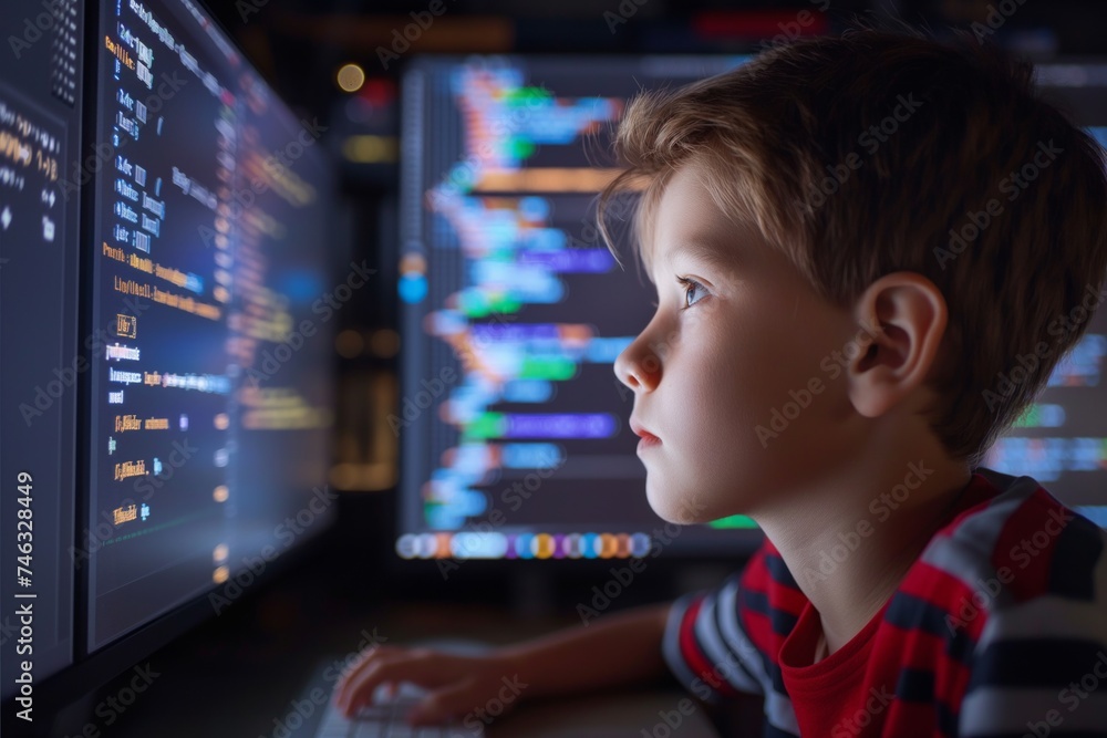 Young boy coding intently on a computer in the room at home Young boy coding intently on a computer in the room at home