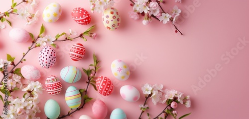 Stylish background with colorful easter eggs isolated on pink pastel background with blooming cherry branches