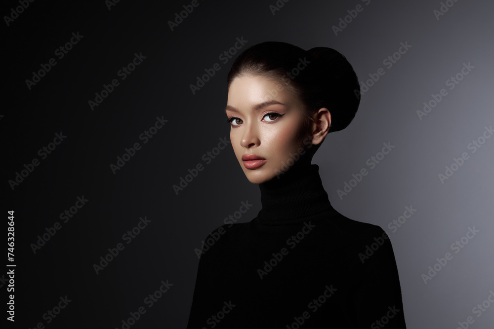 Captivating portrait of a poised woman in a sleek black turtleneck, her visage the epitome of modern elegance Captivating portrait of a poised woman in a sleek black turtleneck, her visage the epitome of modern elegance