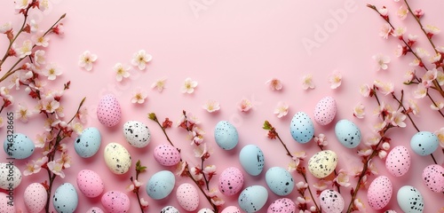 Stylish background with colorful easter eggs isolated on pink pastel background with blooming cherry branches. Horizontal long banner for web design. Flat lay, top view, mockup, overhead, template
