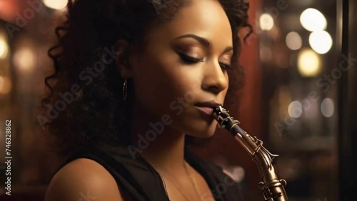 Within the intimate ambiance of a jazz club, a saxophonist's face exudes soulful expression with each melancholic melody  bathed in the warm glow of stage lights and enveloped by the smooth rhythm of  photo