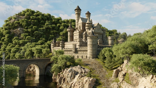 Fototapeta Naklejka Na Ścianę i Meble -  Elaborate castle with spires and turrets perched atop a cliff, a bridge spanning over water, encircled by lush trees. 3d render