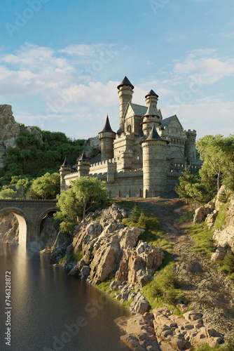 Fotografija Castle by placid lake, with towers rising amid verdant foliage