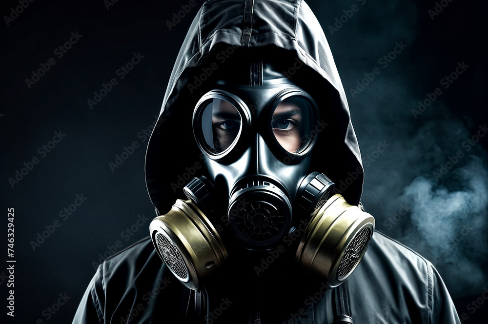 Mysterious person in gas mask against dark background. Illustration of stalker portrait in soviet old gas mask with filter red highlights dissolving. Radiation concept. Copy ad text space. Generate Ai