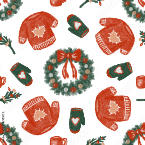Christmas seamless pattern with cute winter cozy elements, vector design