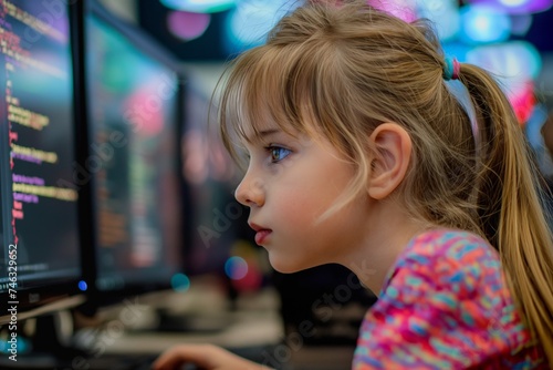 Young girl coding intently on a computer in the room at home