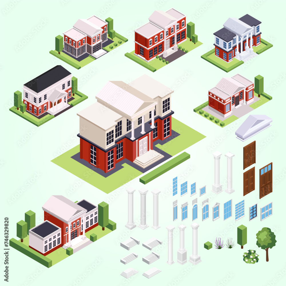classic architecture isometric set isolated houses with neighborhoods constructor elements columns