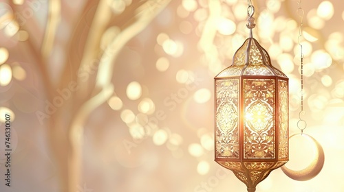 oriental colored lantern Ramadan and Crescent moon in border islamic, With White and gold color background.