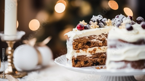 Christmas cake, holiday recipe and home baking, pudding with creamy icing for cosy winter holidays tea in the English country cottage, homemade food and cooking