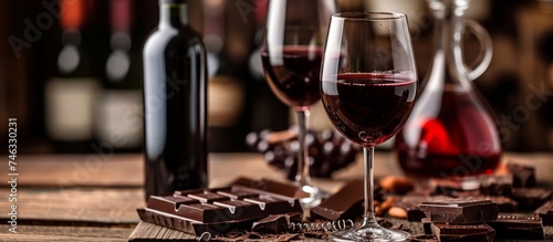 Elegant glass of red wine and decadent chocolates on a stylish table setting for a romantic evening