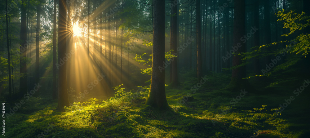 Sunbeams piercing through vibrant green leaves in a peaceful forest, creating a serene and fresh atmosphere.