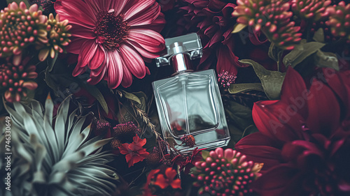 Perfume bottle in flowers, fragrance on blooming background, floral scent and cosmetic product