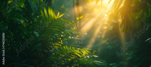Sunbeams piercing through vibrant green leaves in a peaceful forest, creating a serene and fresh atmosphere. © Sunshine