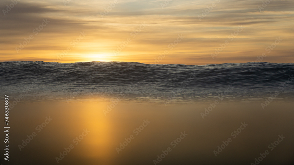 Sunrise in ocean with waves breaking
