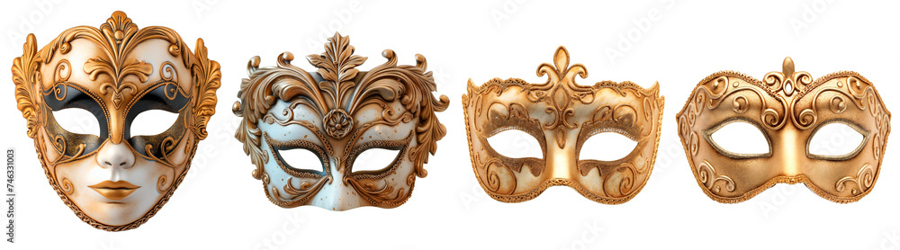 Naklejka premium Collection of theater/opera, gold masks. Isolated on a transparent background.