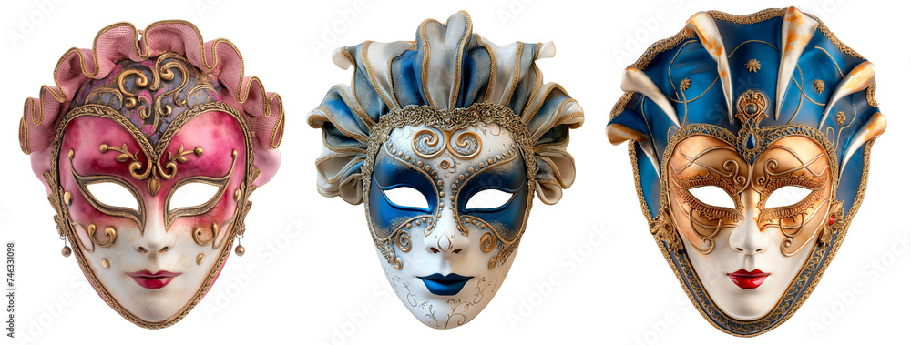 Collection of theatrical colorful masks. Isolated on a transparent background. - obrazy, fototapety, plakaty 