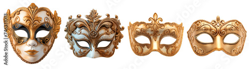 Collection of theater/opera, gold masks. Isolated on a transparent background.