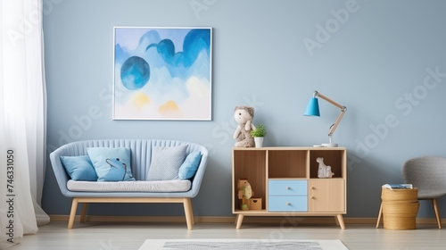Ramka na obraz lub zdjęcie na ścianie - mockup. Wystrój wnętrza sypialni pokoju młodzieżowego w błękitnych odcieniach - dekoracja © yeseyes9