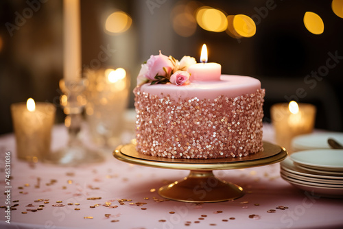 Cake decorated with sparkles and flowers on a gold stand. Generated by artificial intelligence