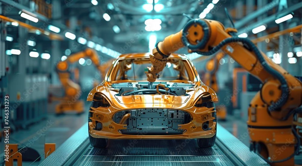 Welding Industrial Production on Conveyor at Car Factory, Automated Robot Arm Assembly Line, Manufacturing High-Tech Electric Vehicles. Generative AI. Welding Industrial Production on Conveyor at Car Factory, Automated Robot Arm Assembly Line, Manufacturing High-Tech Electric Vehicles. Generative AI.