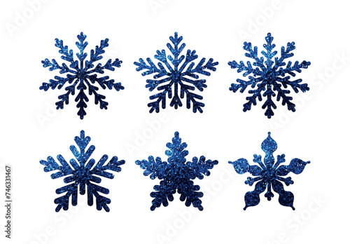 Set of blue snowflakes in glitter Collection of decorative elements for the Christmas holiday. Vector illustration