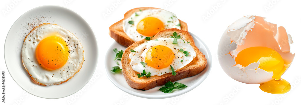 Breakfast. Fried egg on a plate, top view. Eggs on bread. Isolated on a transparent background. Breakfast. Fried egg on a plate, top view. Eggs on bread. Isolated on a transparent background.