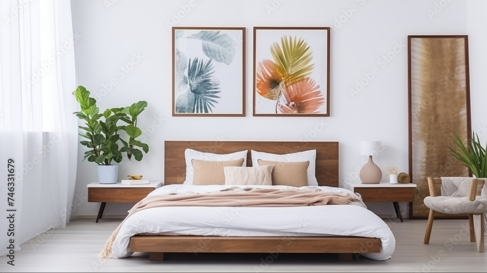 Mockup - obraz na ścianie. Jasna przytulna sypialnia w stylu boho. Brązowe i białe kolory wystroju wnętrza i dodatków. Render 3d. Wizualizacja