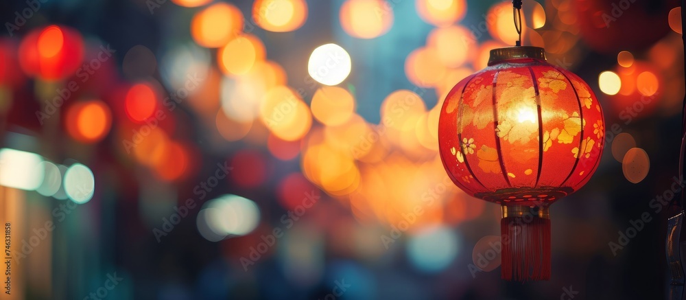 Beautiful red lantern hanging gracefully from a rustic pole in the evening - obrazy, fototapety, plakaty 