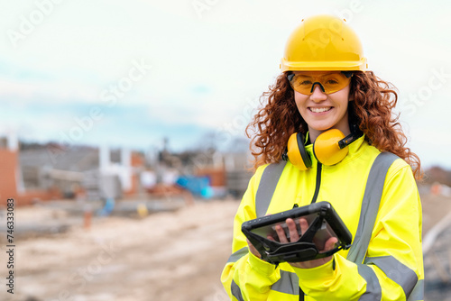 redhead female site engineer surveyor working with theodolite total station EDM equipment on a building construction site outdoors
