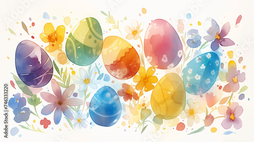 Easter watercolor illustration with bright Easter painted eggs and flowers.. Vivid colorful springtime wallpaper design, template, backdrop, print photo