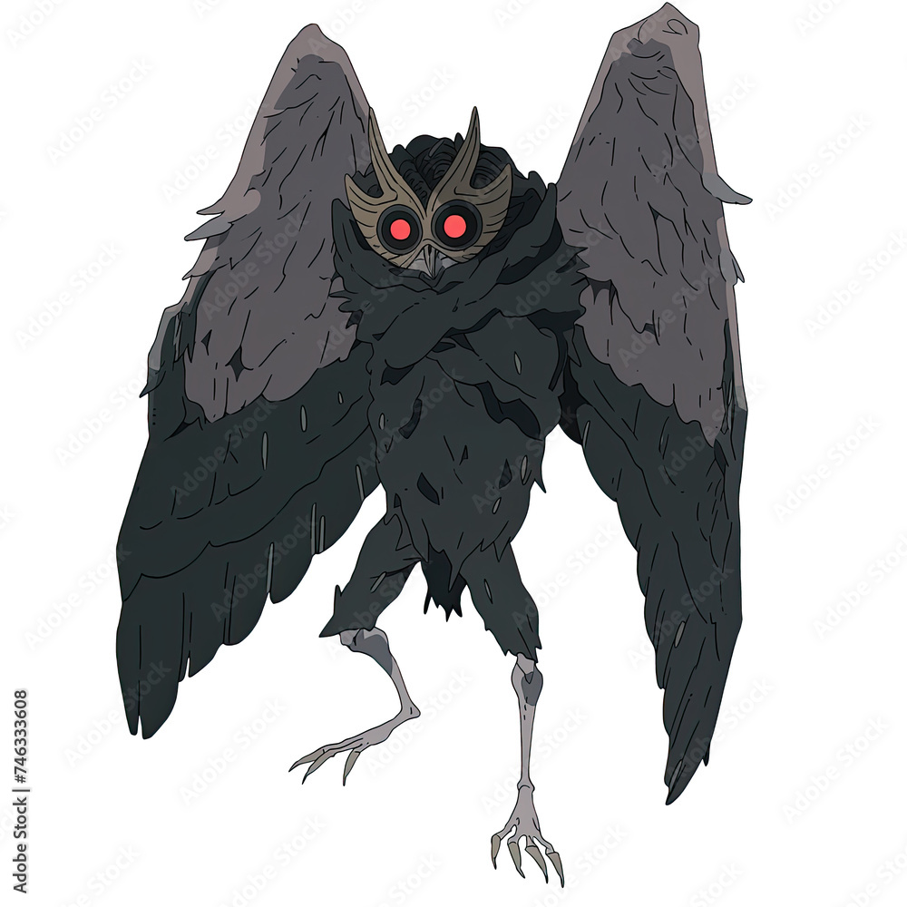 An illustration of a black Mothman with red eyes