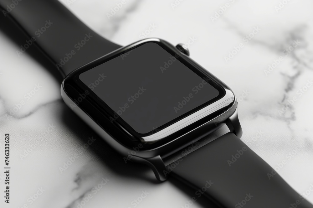 Smartwatch with a sleek black design, blank screen, epitomizing modern wearable technology Smartwatch with a sleek black design, blank screen, epitomizing modern wearable technology