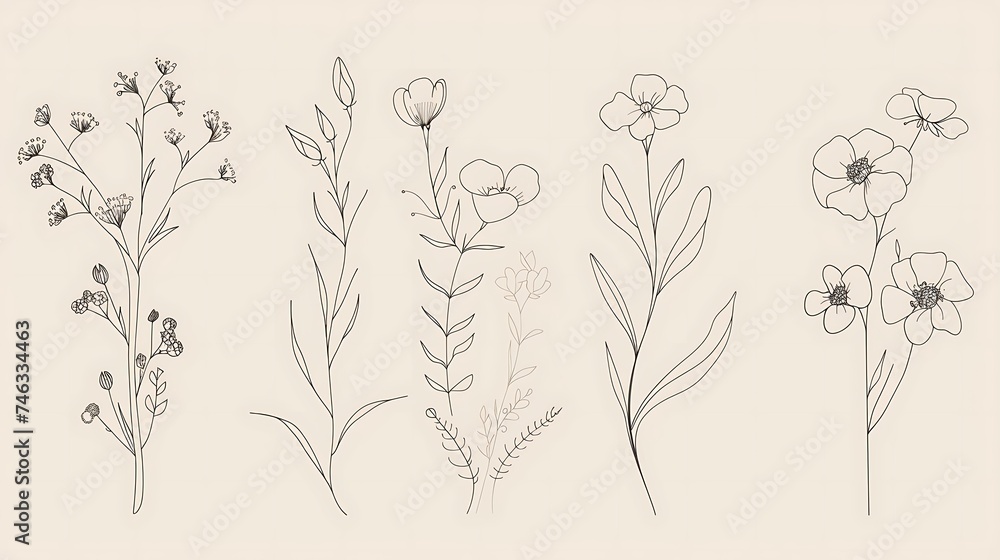 Collection of minimalistic simple floral elements. Graphic sketch. Fashionable tattoo design. Flowers, grass and leaves. Botanical natural elements. Generative Ai Outline, line, doodle style Collection of minimalistic simple floral elements. Graphic sketch. Fashionable tattoo design. Flowers, grass and leaves. Botanical natural elements. Generative Ai Outline, line, doodle style