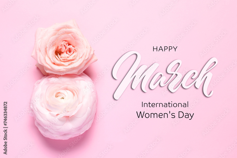 8 March - Happy International Women's Day. Greeting card design with flowers on pink background, top view 8 March - Happy International Women's Day. Greeting card design with flowers on pink background, top view