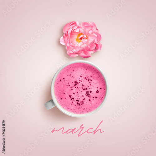 8 March - Happy International Women's Day. Card design with shape of number eight made of peony and cappuccino on pink background, top view