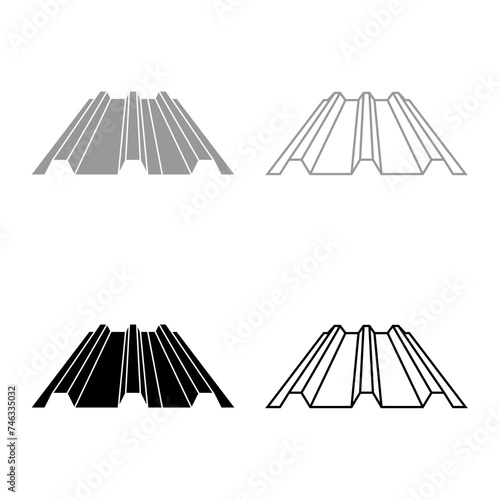 Roof metal rooftop steel profile sheets roofing concept ribbed corrugated metallic panel siding tile set icon grey black color vector illustration image solid fill outline contour line thin flat style
