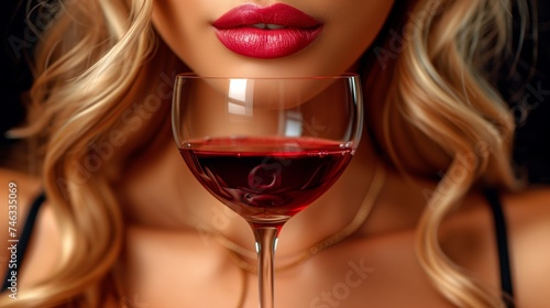 Sensual blonde woman holding a glass of red wine with a rose.