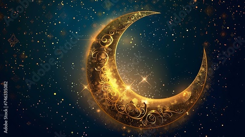 Creative golden moon eid mubarak with design illustration on pattern background. Generative Ai photo