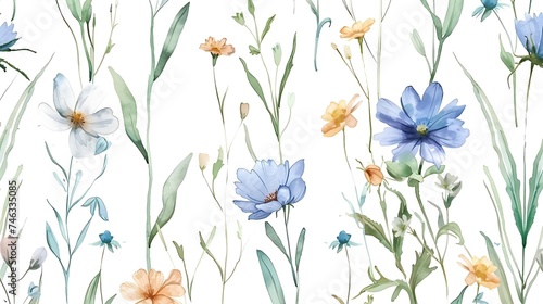 Cute feminine watercolor seamless pattern with wildflowers. Generative AI