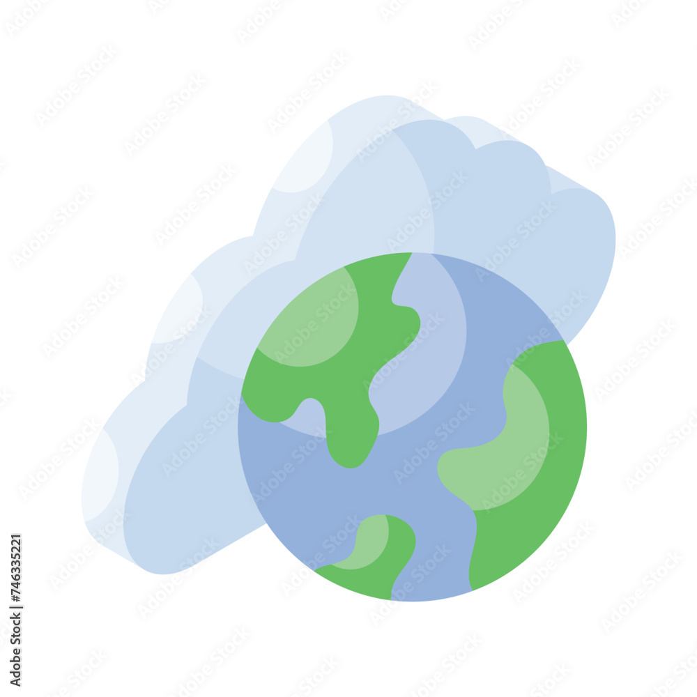 World globe with cloud, isometric icon of global cloud in trendy style World globe with cloud, isometric icon of global cloud in trendy style