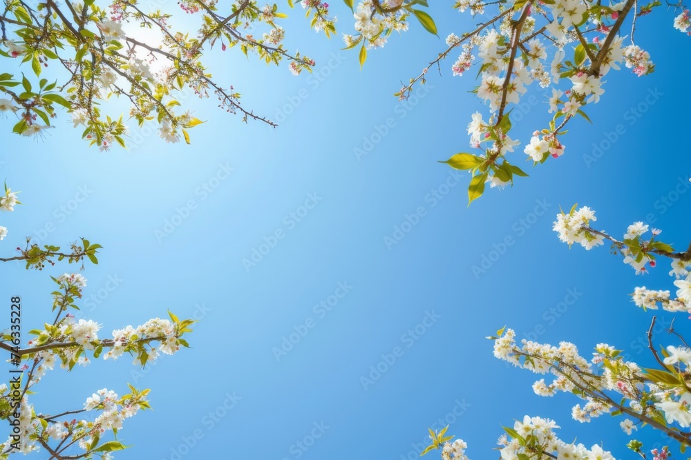 A clear spring sky above a canopy of blooming branches at the top, creating a natural frame with an expansive blue backdrop with text space A clear spring sky above a canopy of blooming branches at the top, creating a natural frame with an expansive blue backdrop with text space