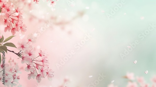 Spring background. Soft gradient background transitioning from the pale pink of cherry blossoms to the fresh green of new leaves, with space for text